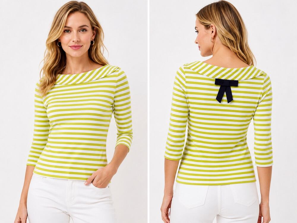 Kate Spade New York Green & White Striped Boatneck Top Bow Back XXS NWT
